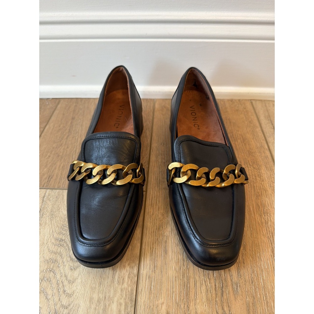 Vionic Women's Loafer Black Size 7 Leather Mizelle Chain Link Square Toe Slip-On